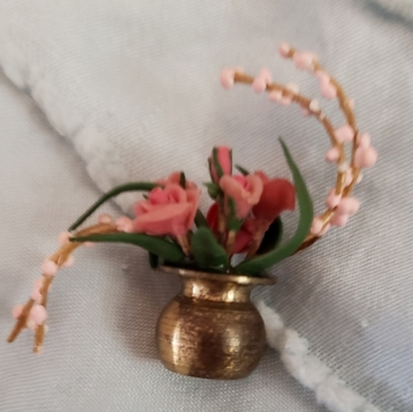 Gold Miniature Vase with Pink and Green Accents In Brass Vase Dollhouse - Picture 1 of 5